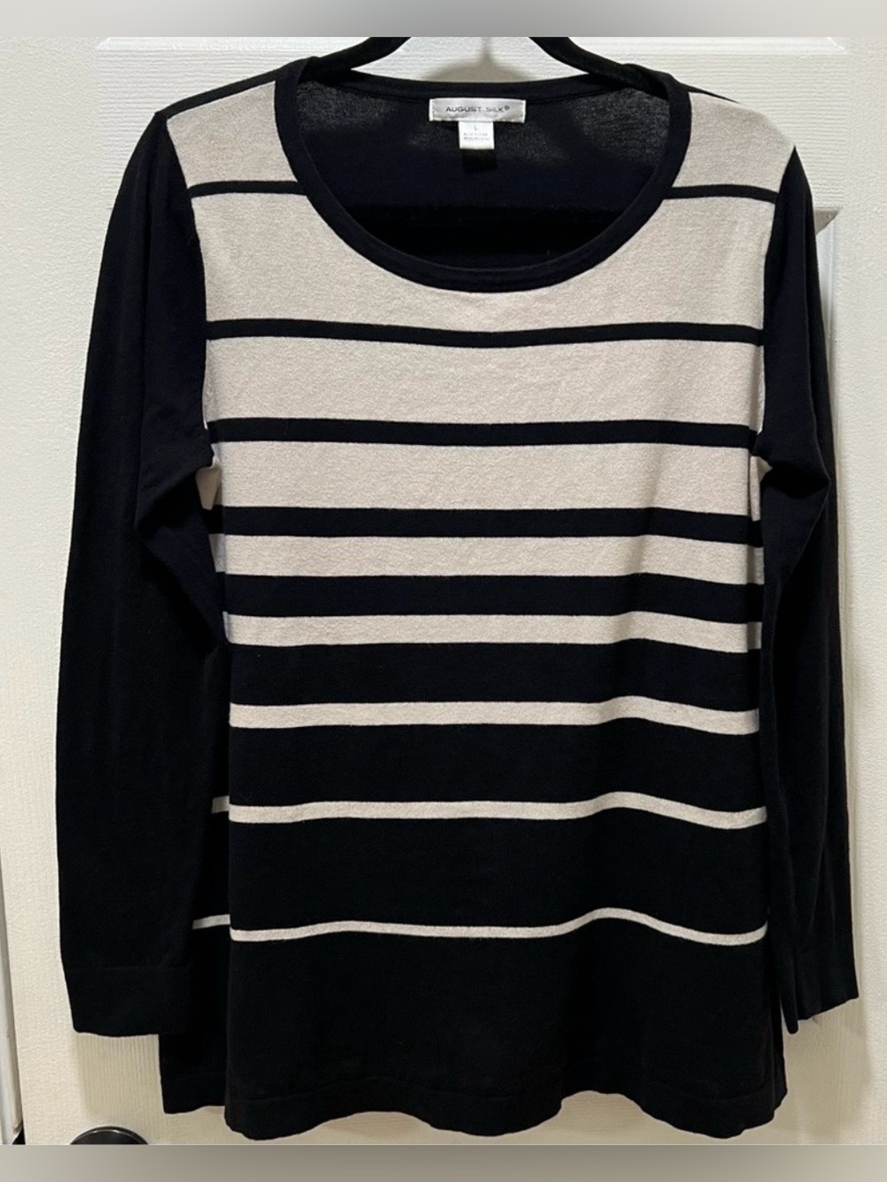 August Silk- Black and Cream Striped Long Sleeve Sweater SIZE Large